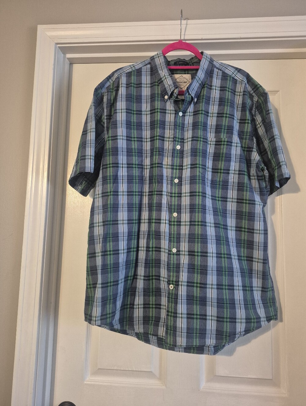 St. John’s Bay Men’s XL Plaid Button Down Shirt Short Sleeve Blue Green Classic